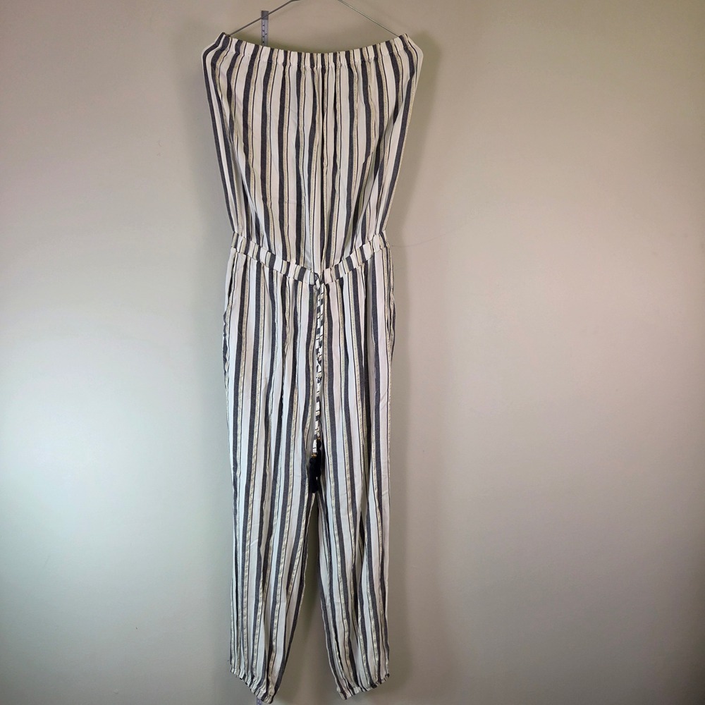 Navy White Striped Strapless Jumper Gold Metallic Thread Tassel Waist Pockets - Picture 7 of 8